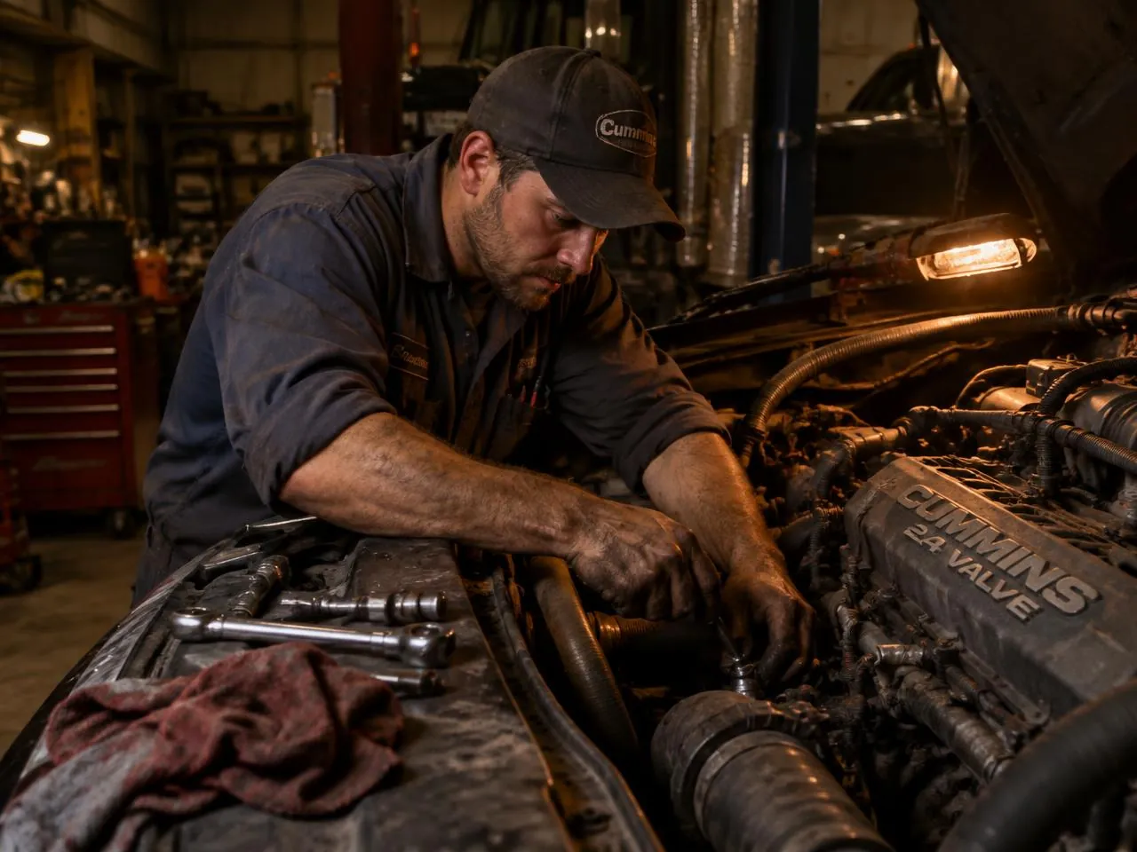 Mechanic working on a diesel engine at Johnathan's Auto and Tire